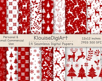 Seamless Christmas Winter Reindeer Digital Printable Papers in Red with Clipart