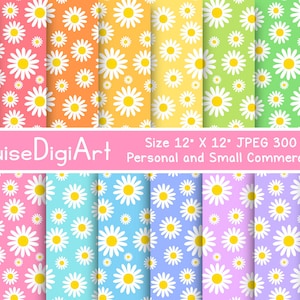 Papeles imprimibles digitales con flores de margaritas en tonos pastel de primavera en rosa, amarillo, verde, azul y morado