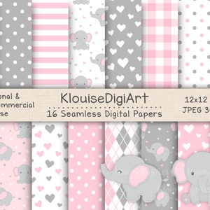 Nahtlose Elefant Rosa und Grau digitale bedruckbare Papiere mit Elefant Clipart