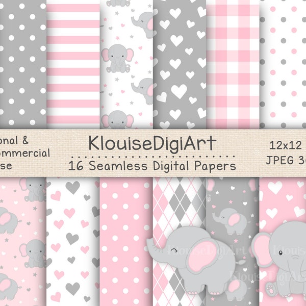 Seamless Elephant Pink and Gray Digital Printable Papers with Elephant Clipart