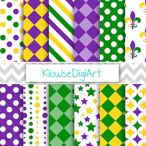 May include: A set of 12 digital paper patterns in green, yellow, purple, and white. The patterns include polka dots, stripes, diamonds, stars, and fleur-de-lis.