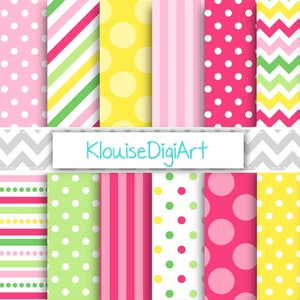 Citrus Pink, Green and Yellow Digital Papers with Polka Dots, Stripes, Chevrons