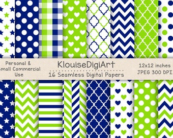 Seamless Navy Blue, Green and White Digital Printable Papers with Polka Dots, Chevron, Quatrefoil, Stripes