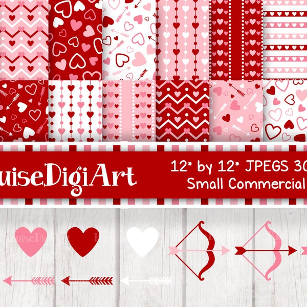 Valentine Hearts Digital Printable Papers and Clipart in Pink, Red and White