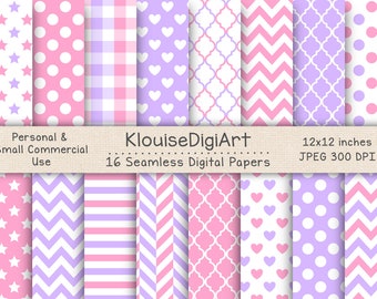 Seamless Purple, Pink and White Digital Printable Papers with Polka Dots, Chevron, Quatrefoil, Stripes