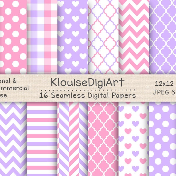 Seamless Purple, Pink and White Digital Printable Papers with Polka Dots, Chevron, Quatrefoil, Stripes