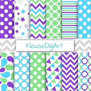 Green, Blue and Purple Digital Papers with Polka dots, Stars, Chevrons, Flags