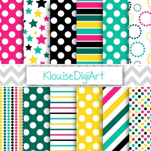 Polka Dot, Chevrons and Stripes Digital Papers in Pink, Yellow, Black and Green