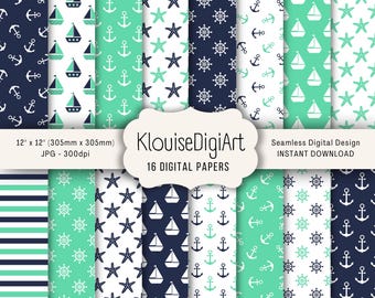 Papeles náuticos imprimibles digitales sin costuras en verde y azul marino con anclas, veleros y estrellas de mar.