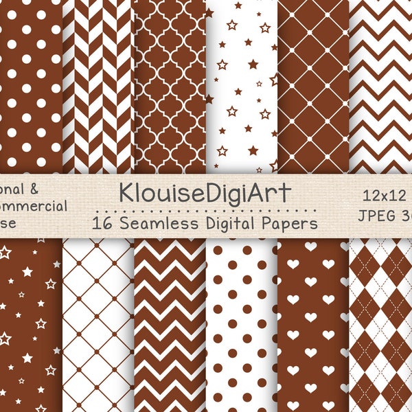 Seamless Caramel Brown and White Digital Printable Papers with Polka Dots, Chevron, Stripes