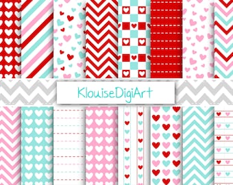 Red, Pink and Mint Green Valentine's Day Digital Printable Papers with Hearts, Stripes, Chevrons