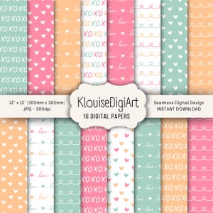 Puede incluir: Colección de 16 papeles digitales de 305 mm x 305 mm, con patrones de corazones, la palabra "love" y "XOXO". Los colores incluyen rosa, melocotón, verde menta y blanco. Descarga instantánea.