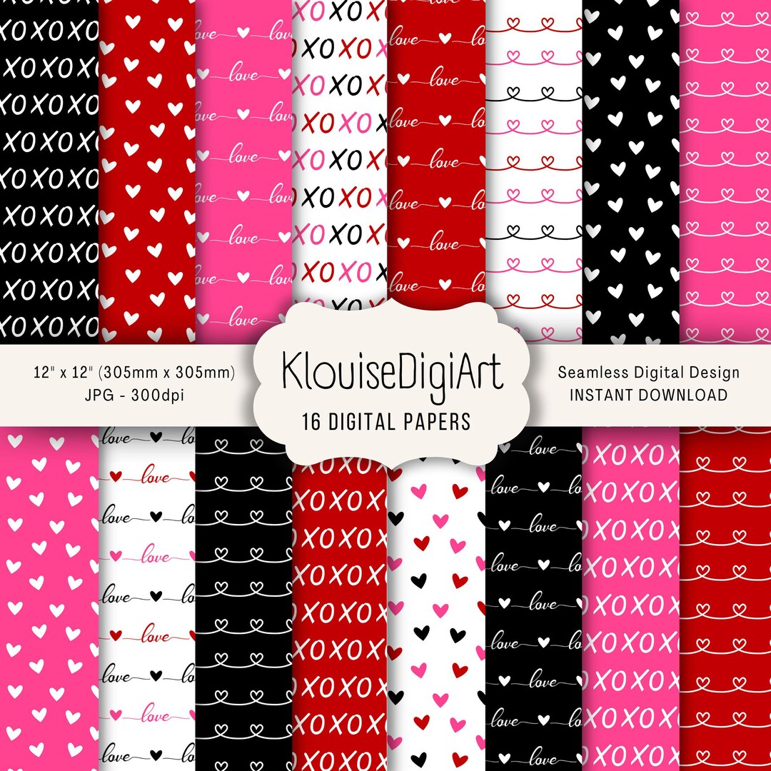 Seamless Pink Red and Black Valentines Day Digital Printable Papers ...