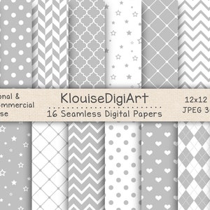 Seamless Silver Gray and White Digital Printable Papers with Polka Dots, Chevron, Stripes