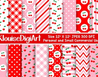 Cherries, Stripes, Dots and Gingham Digital Printable Papers in Red and Bright Pink