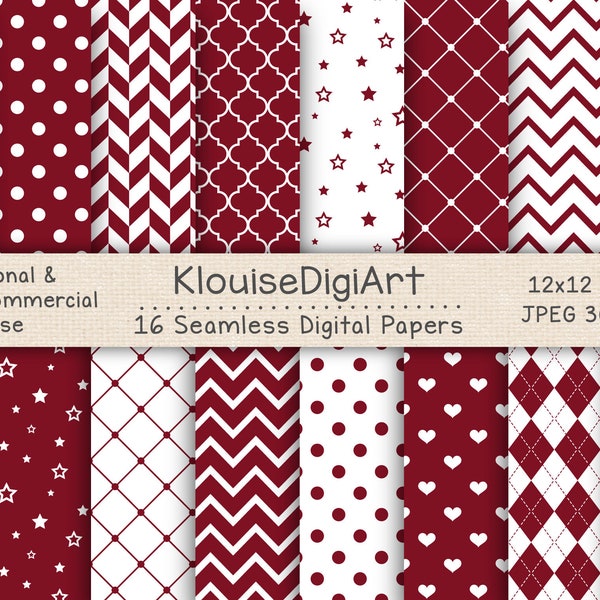 Seamless Burgundy Red and White Digital Printable Papers with Polka Dots, Chevron, Stripes