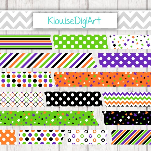 Green, Purple and Orange Halloween Digital Washi Tape Clipart with Stars and Dots