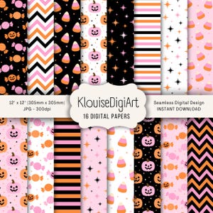 Op de afbeelding: Een verzameling van 16 digitale vellen met Halloween-thema patronen. Ontwerpen omvatten pompoenen, snoepmaïs en zigzags in zwart, oranje, roze en wit. Elk vel is 305 mm x 305 mm. De afbeelding bevat de tekst "KlouiseDigiArt".