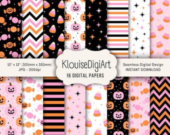 Seamless Halloween Pumpkins and Candy Corn Printable Papers in Pink and Black