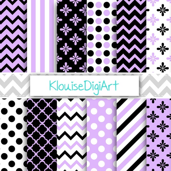 Black and Light Purple Digital Printable Papers with Chevrons, Stripes, Polka Dots