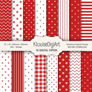 May include: A collection of 16 digital papers with red and white patterns. Designs include chevrons, polka dots, stars, hearts, stripes, and gingham. Each paper measures 12 x 12 inches (305mm x 305mm). The image includes the text "KlouiseDigiArt".