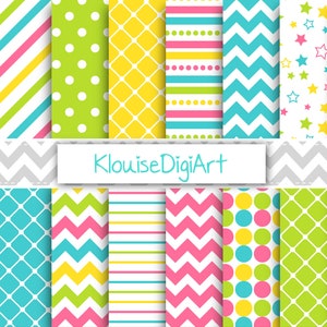 Pink, Green, Yellow and Blue Digital Papers with Stars, Quatrefoil, Stripes and Chevrons