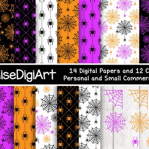 May include: A set of 14 digital papers and 12 clipart featuring spiderwebs and spiders in various colours, including black, orange, purple, and white. The text "KlouiseDigiArt 14 Digital Papers and 12 Clipart Personal and Small Commercial Use" is at the top of the image.