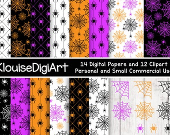 Halloween Spiders and Webs Digital Papers and Clipart in Purple, Orange and Black