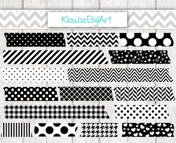 Black Washi Tape PNG Digital Clipart with Polka Dots, Stripes, Chevrons,  Gingham, Herringbone