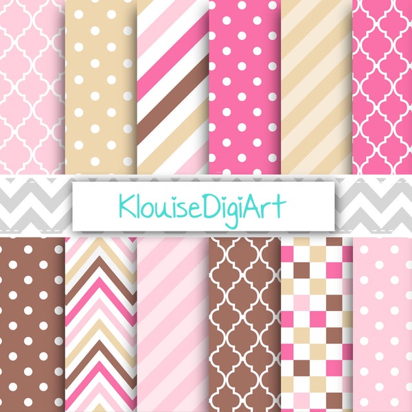 Pink and Tan Brown Printable Digital Papers with Stripes, Quatrefoil, Chevrons, Polka Dots