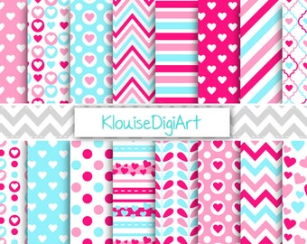 Pink and Blue Valentine's Day Digital Printable Papers with Hearts, Stripes, Polka dots