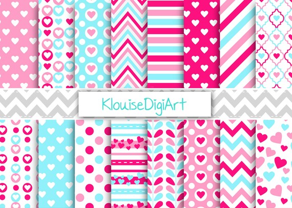 Pink and Blue Valentine's Day Digital Printable Papers | Etsy