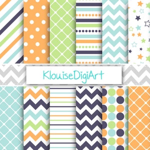Blue, Green and Orange Digital Papers with Stars, Quatrefoil, Stripes and Chevrons
