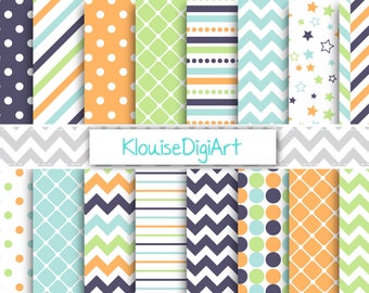 May include: A set of 16 digital paper patterns in a variety of colours and designs, including polka dots, stripes, chevron, and stars. The patterns are perfect for scrapbooking, card making, and other craft projects. The text "KlouiseDigiArt" is included in the image.