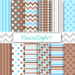 Carta per scrapbooking digitale blu e marrone scuro con strisce, chevron e pois