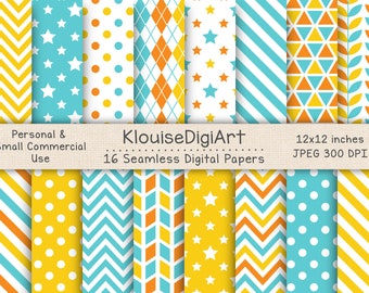 Seamless Summer Yellow, Orange, Blue and White Digital Printable Papers with Polka Dots, Stars, Stripes