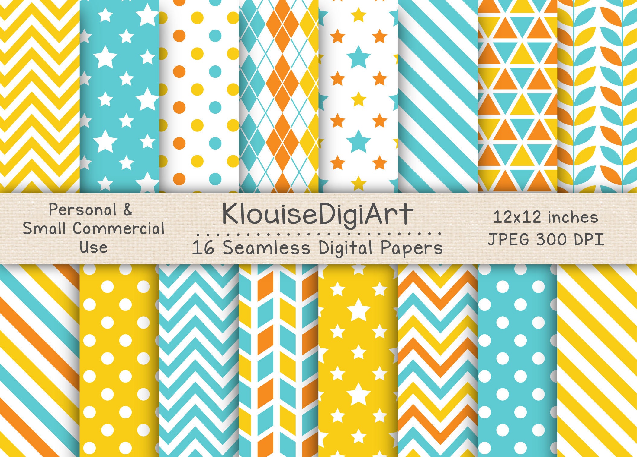 Seamless Summer Yellow, Orange, Blue and White Digital Printable Papers with Polka Dots, Stars, Stripes