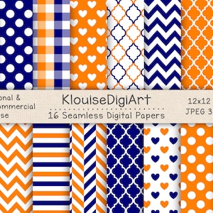 Papiers numériques imprimables sans couture bleu marine, orange et blanc à pois, chevron, quadrilobe, rayures