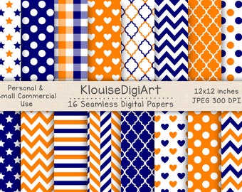 Seamless Navy Blue, Orange and White Digital Printable Papers with Polka Dots, Chevron, Quatrefoil, Stripes