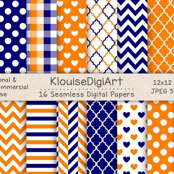 Seamless Navy Blue, Orange and White Digital Printable Papers with Polka Dots, Chevron, Quatrefoil, Stripes