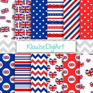 May include: A set of 12 digital paper patterns featuring the Union Jack flag in various designs. The patterns include red, white, and blue stripes, polka dots, hearts, and chevron patterns.