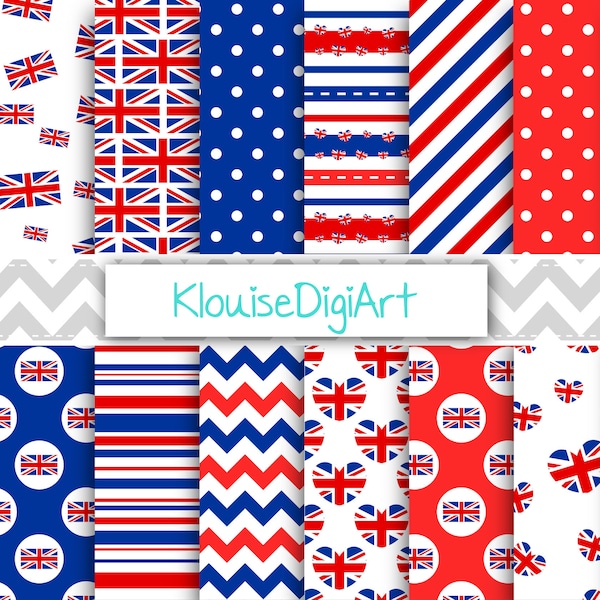 Red and Blue British Digital Printable Papers with Flags, Hearts, Polka Dots, Stripes and Chevrons