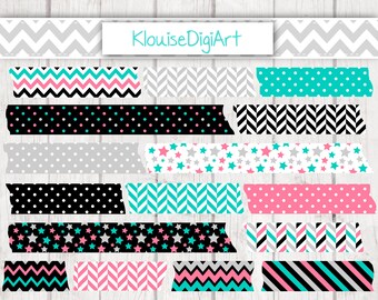 Green, Black and Pink Digital Washi Tape Clipart with Polka Dots, Chevron and Stars