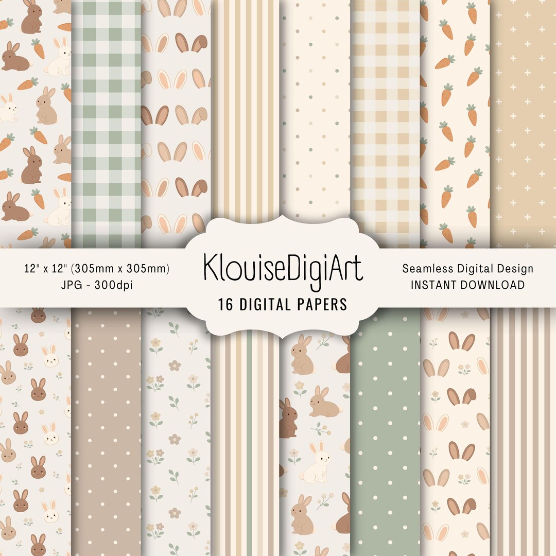 Spring Bunny Digital Paper Pack, Neutral Scrapbook Patterns, Seamless ...