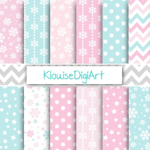 Pastel Blue and Pink Christmas Winter Digital Printable Papers with Snowflakes, Chevrons and Stars