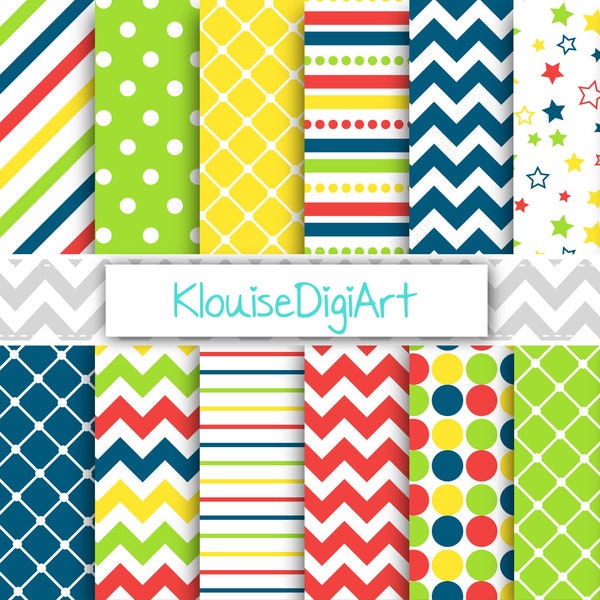 Green, Navy, Yellow and Red Digital Papers with Stars, Quatrefoil, Stripes and Chevrons