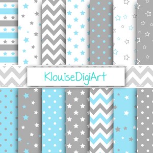 Blue and Gray Digital Papers with Stars, Polka Dots, Stripes, Chevrons