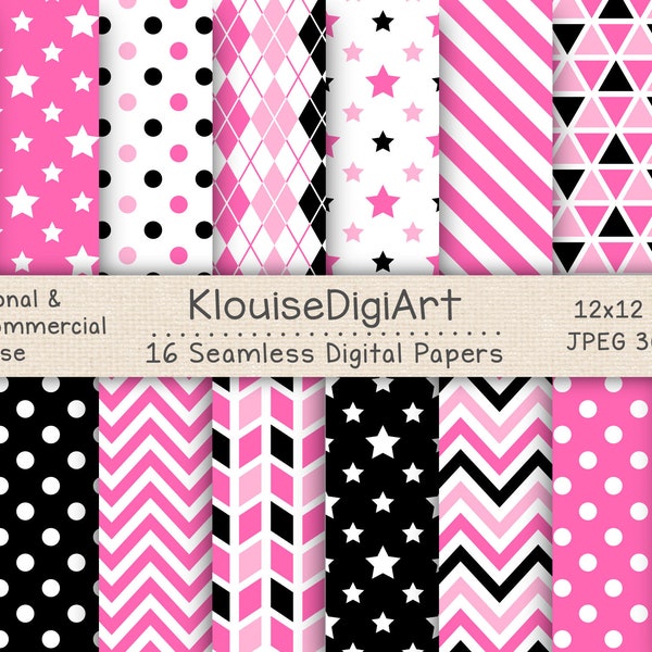 Seamless Pink, Black and White Digital Printable Papers with Polka Dots, Stars, Stripes