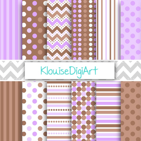 Purple and Dark Brown Digital Scrapbooking Papers with Stripes, Chevrons and Polka Dots
