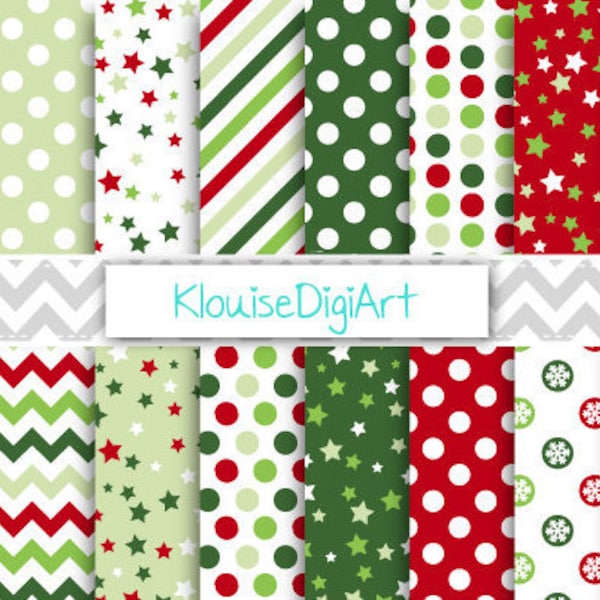 Red and Green Christmas Digital Printable Papers with Stars, Stripes, Chevrons, Polka Dots